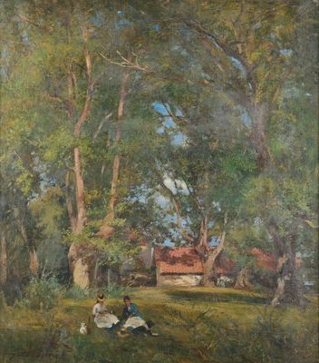 un tableau représentant deux personnes assises dans l'herbe sous des arbres