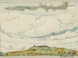 dessin représentant un paysage avec une colline et des nuages au loin