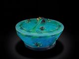 bol en verre bleu et vert contenant des insectes, sur fond noir