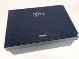 a black box with writing on it on a white surface