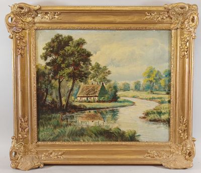 an oil painting of a river scene with a house and trees