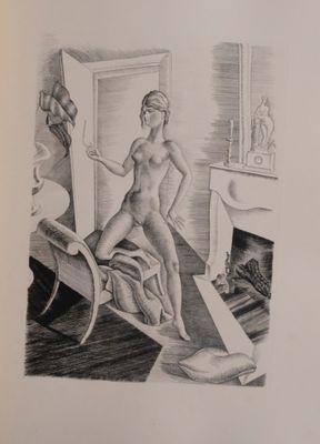 pencil drawing of a woman standing in a room with a fireplace