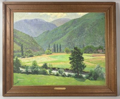 an oil painting of a valley with trees and mountains in the background
