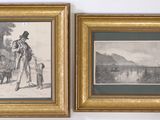 two framed pictures of a man and a woman walking by a river