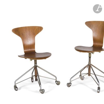 two wooden chairs with wheels on a white background
