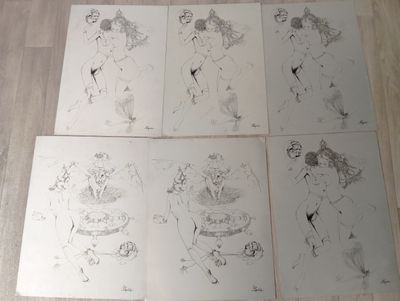 six dessins représentant une femme en maillot de bain sur un plancher en bois