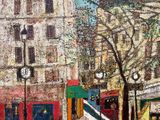 an oil painting of a city street scene with a clock tower in the background