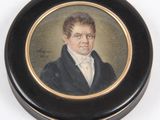 tableau représentant un homme vêtu d'un manteau noir et d'une chemise blanche
