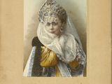 une vieille photographie d'une femme portant un voile blanc et des gants dorés