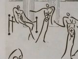 a black and white drawing of three people in a room