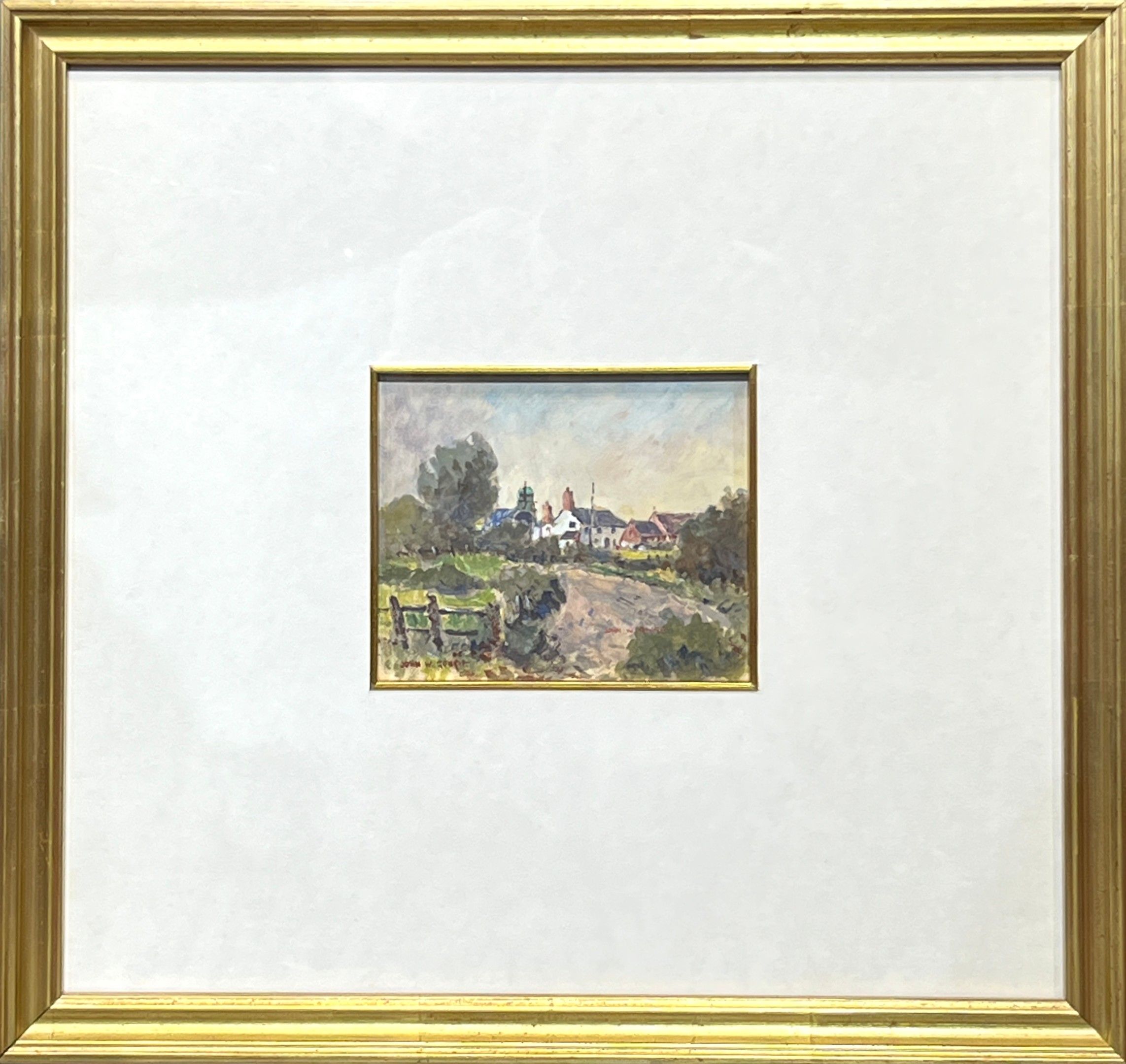 John Weston GOUGH (1929-2019). Village. Aquarelle et gouache. Signé en bas à gauche. 12 x 15 cm. Encadré sous verre.
