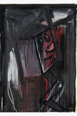 an image of a painting with black and red paint on a white background