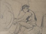 drawing of a man sitting in front of a wheel on a piece of paper