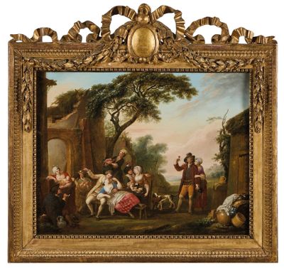 une peinture à l'huile représentant un groupe de personnes dans un cadre boisé