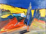 une peinture à l'huile représentant un paysage avec des arbres et un ciel bleu