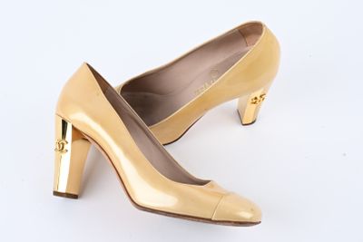 gold leather high heel pumps with gold metal heeling