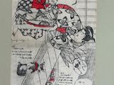 drawing of a man riding a horse with a dog on his back