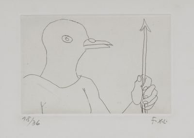 an image of a drawing of a bird with a stick in it ' s hand