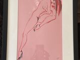 tableau représentant une femme nue en talons hauts sur un fond rose