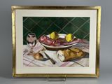 painting of a bowl of fruit on a table next to a glass of wine
