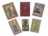 six miniature paintings of asian women and men on a white surface