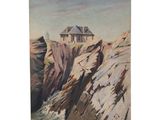 an oil painting of a house on top of a cliff