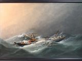 painting of a boat in a rough ocean with a boat in the water