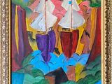 a painting of two sailboats on a body of water