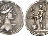 a silver coin with an image of a woman holding a sword