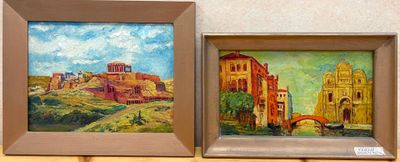 two paintings of buildings and a bridge are on display in a museum