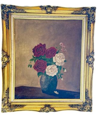 Huile sur toile représentant un bouquet de roses rouges et r…