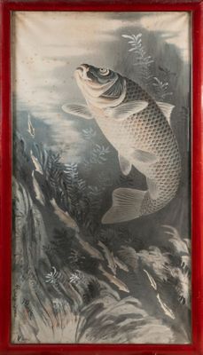painting of a fish in a red frame on a white background