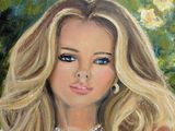 an oil painting of a woman with long blonde hair wearing a white dress
