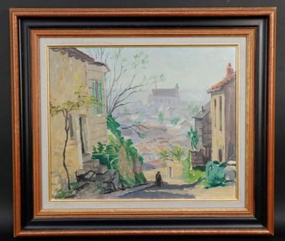Tableau Peinture à L'huile Signé Ginet? - Paysage Rue, XXe Siècle, 55x46 Cm