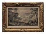 an old picture of a painting of a castle in a wooded area