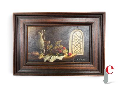 une peinture à l'huile représentant une nature morte composée de fruits et de légumes posés sur une table