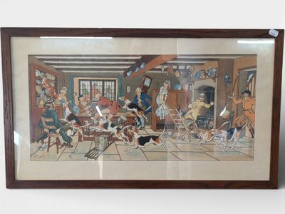 tableau représentant un groupe de personnes jouant avec des chiens dans un salon