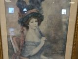 painting of a woman in a blue dress sitting in a chair with a teddy bear on top of her head
