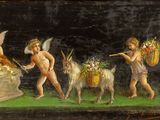 painting of a group of angels with a goat and a man with a basket of flowers