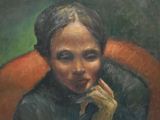 painting of a woman sitting in a chair with her hand on her chin