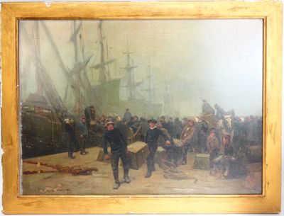 tableau représentant un tableau dans lequel figure un groupe d'hommes debout sur une plage
