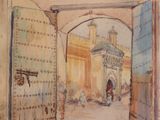 une aquarelle représentant une porte avec un bâtiment en arrière-plan