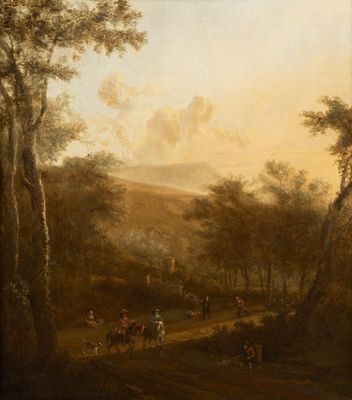 a painting of people riding horses in a wooded landscape with a castle in the distance