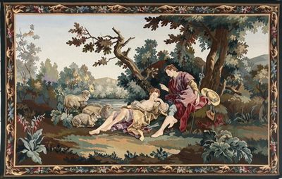 an image of a painting of a woman and a child in a wooded area