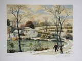 an image of a painting of a man and a woman walking in the snow
