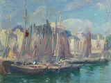 peinture de bateaux dans un port avec des bâtiments en arrière-plan