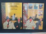 two pictures of men in suits and hats sitting on a bench