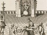 un vieux dessin représentant un groupe de personnes assises autour d'une fontaine