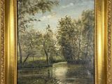 une peinture d'une rivière avec des arbres en arrière-plan