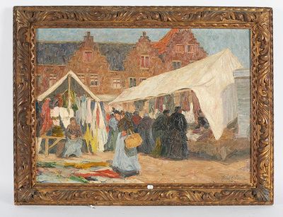 une peinture à l'huile représentant une scène de marché avec des personnages et des tentes